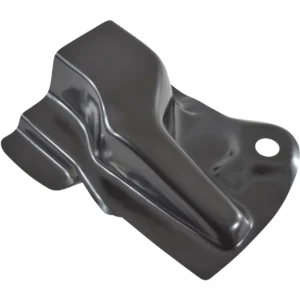 A black plastic object is sitting on top of the floor.