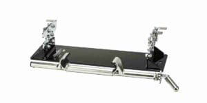 A black and silver instrument stand with two feet.